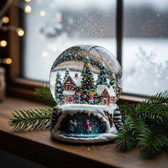 Magical Snow Globe on a Windowsill with a Winter Village Scene