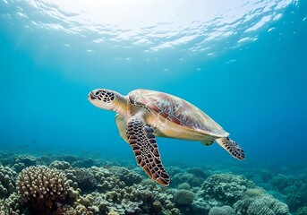 Obraz premium Sea turtle swimming gracefully underwater over a vibrant coral reef. Bright blue ocean, natural marine wildlife scene. Perfect for conservation, travel, and nature themes.