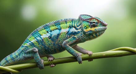Vibrant colorful chameleon clinging to a green branch. Detailed scales in blues, greens, and yellows against a soft jungle background. Exotic wildlife, nature, reptile.