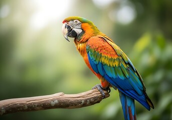 Obraz premium Vibrant colorful macaw parrot perched on branch. Exotic tropical bird in natural habitat. Ideal for wildlife, nature, and travel themes.