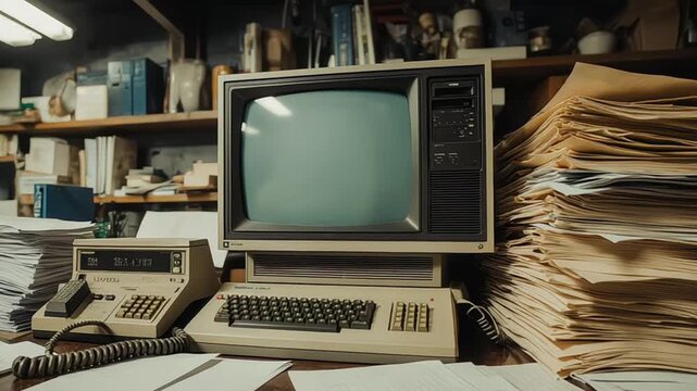 Vintage office setup featuring an old computer, calculator, and stacks of paperwork