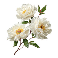 Three white peonies with yellow centers and green leaves on transparent background