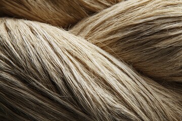 Close-up view of intertwined strands of natural fiber, showcasing the texture and color variations, with soft lighting enhancing the details, suitable for textile or crafting use