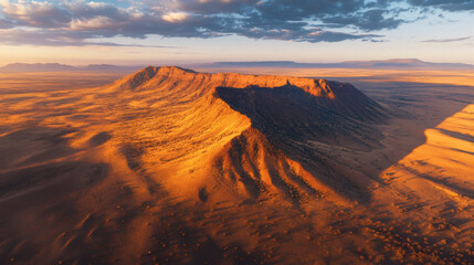 Naklejka premium High-altitude view of a dramatic desert mountain range at sunrise.