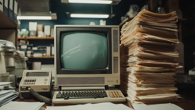 Vintage computer setup with large monitor, keyboard, and tape recorder amidst stacks of paper