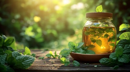 Glass jar of herbal tea with fresh mint leaves on wooden table outdoors beverage