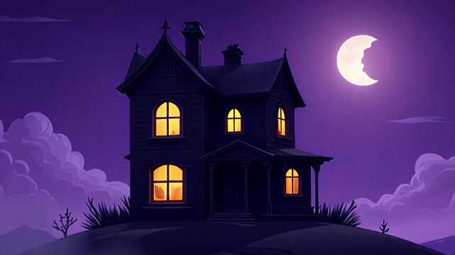 haunted house background, halloween haunted house loop, spooky vector background, haunted hill night scene, glowing windows haunted house, halloween vector animation, misty haunted house night, scary 