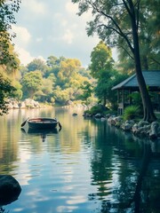 Naklejka premium Tranquil River Scene Featuring a Small Boat, Lush Greenery, and a Charming Pavilion Under a Softly Clouded Sky