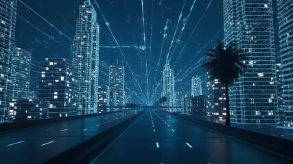 Futuristic digital city with glowing blue wireframe buildings and data streams Animation of driving on a highway into a virtual reality metaverse or a smart city - Powered by Adobe