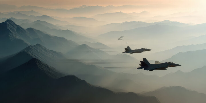 Modern fighter jets soar over misty mountains, creating dramatic and powerful scene. aircraft fly in formation, showcasing advanced technology and precision