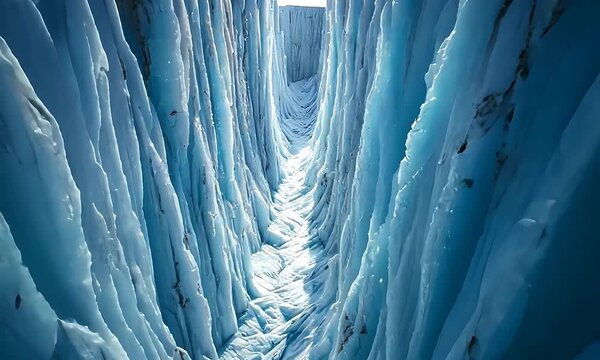 Deep Blue Ice Canyon Formation With Snowy Top And Textured Surface