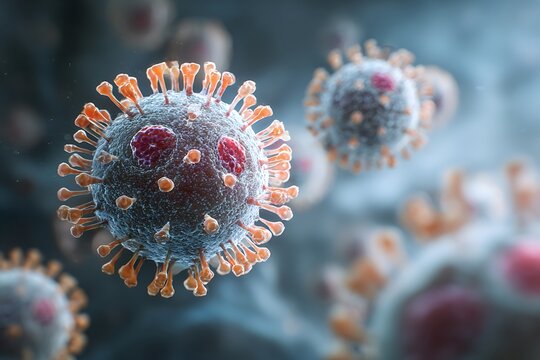HIV virus particle penetrating the membrane of a human T-lymphocyte, showing realistic viral entry details.