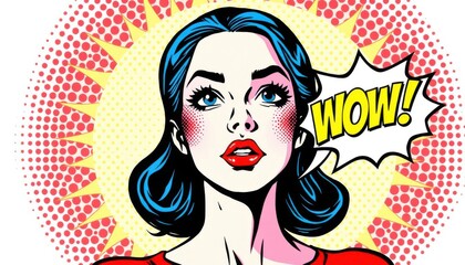 Pop art illustration, portrait of a girl, she covers her mouth with her hand in surprise, comic book style, speech bubble with stylized font "WOW!", geometric pattern background
