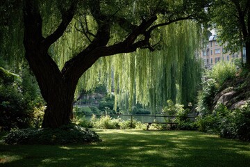 Weeping willow dominates serene garden scene, dappled sunlight on grass, bench visible