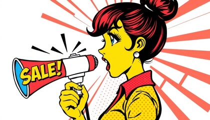 ⁨Pop art illustration, girl in profile, comic book style, holding a megaphone to her mouth, sound waves and stylized text emanating from the megaphone &ldquo;SALE!&rdquo;