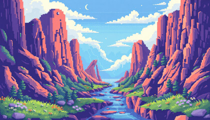 Pixel Art style illustration, journey through an 8-bit landscape among high mountains, valleys and sky with clouds and a river flowing through the plain