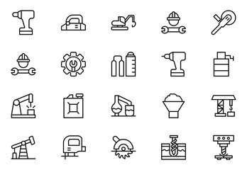 Machine line icon set. Vector icon collection of factory designs, including machinery, automation, production, and industry elements in a clean style