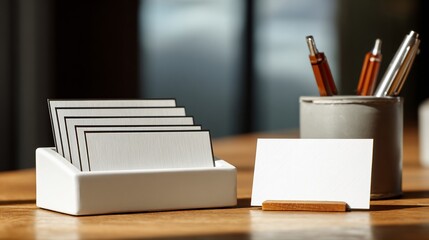 Business cards displayed, stationery, desk, office setting with pen holder, blank cards