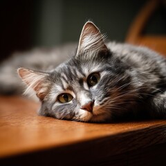 A cat is lying stretched out on the edge of a table, looking bored with the world. It's perfect for a funny picture.