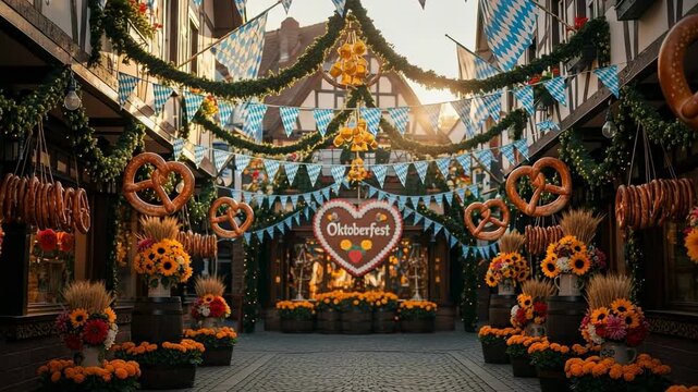 Oktoberfest gingerbread heart sign on a decorated traditional German street. Bavarian festival celebration with pretzels and flags.