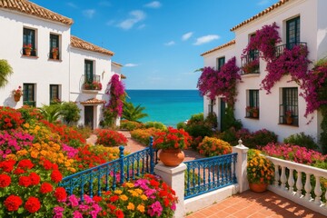 Charming Spanish coastal village with blooming flowers and Mediterranean ocean views creating travel inspiration