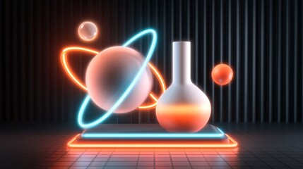 science week celebration poster concept with bright neon elements and icons