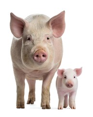 A piglet beside its mother. Adorable farm family moment suitable for educational or animal welfare content.
