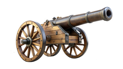 Vintage wooden cannon isolated on transparent background, an antique military weapon from naval history, a classic artillery piece for battle