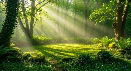 Obraz premium Sunlight pierces through the canopy of a lush, green forest, illuminating a mossy glade. A mystical and serene atmosphere fills the woodland scene.