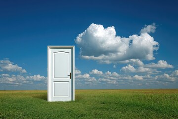 White door in a field under a partly cloudy sky