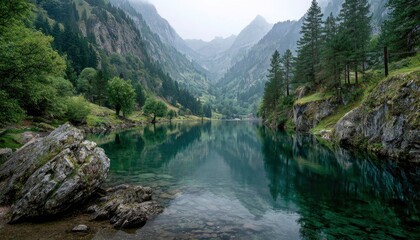 Fototapeta premium Serene alpine lake reflecting misty mountains. Lush greenery surrounds tranquil water