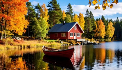 Obraz premium Cabin by autumn lake scene