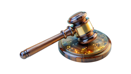 Gavel on digital circuit board isolated on transparent background, a symbol of law, justice, and cyber regulation in the blockchain era