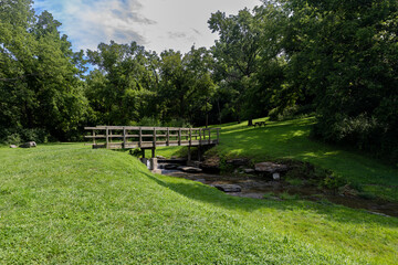 stream and wood bridge in the park