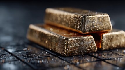 Closeup of Stacked Gold Bars on Dark Grid