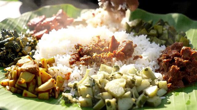 Authentic Assamese Thali Meal Served on Banana Leaf with Rice and Curries