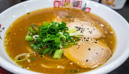 delicious and aromatic ramen soup served with chive and sesame. 
