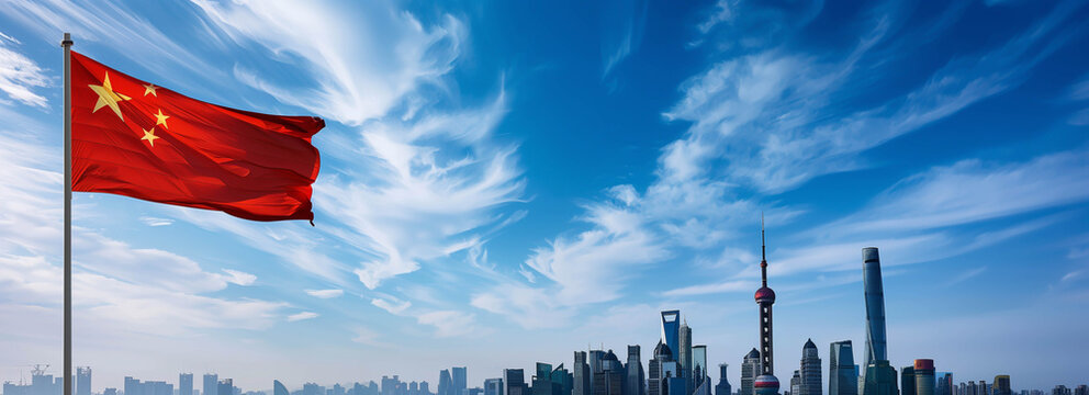China flag in futuristic city skyline with blue sky.
