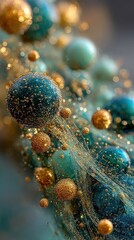 Fototapeta premium Abstract spheres, teal and gold, flowing
