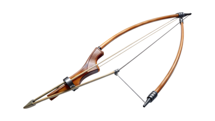 Vintage wooden bow and arrow isolated on transparent background, showcasing traditional archery equipment for sport, hunting, and historical recreation