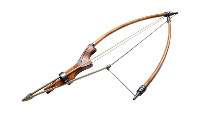 Vintage wooden bow and arrow isolated on transparent background, showcasing traditional archery equipment for sport, hunting, and historical recreation