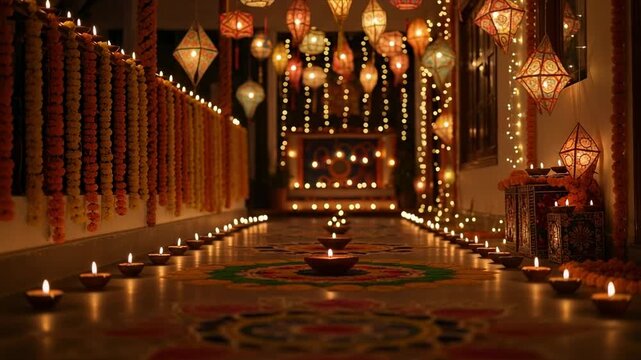 A beautifully decorated hallway for the Diwali festival. Rows of lit oil lamps, hanging lanterns, and flower garlands create a warm, festive atmosphere.