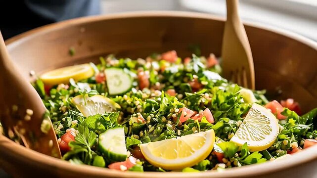 cinematic indian food asmr fresh tabbouleh salad tossing wooden bowl healthy