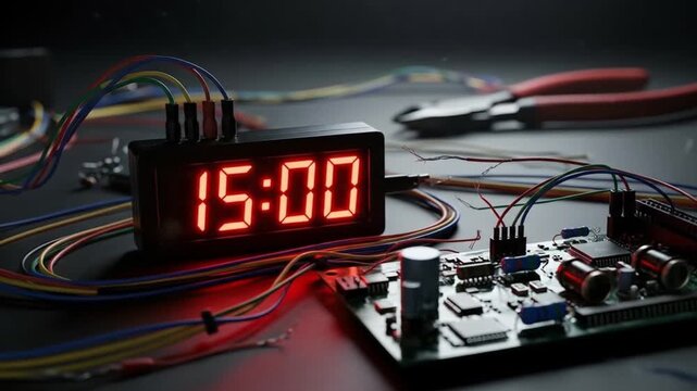 Digital Timer Countdown, Circuit Board, Wires, and Pliers. Time Bomb Concept, Deadline Pressure, Urgency.
