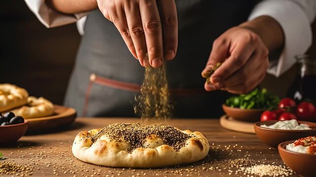 cinematic indian food asmr chef sprinkling zaatar spices on traditional flatbread
