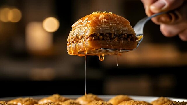 cinematic indian food asmr delicious baklava sweet pastry dripping syrup