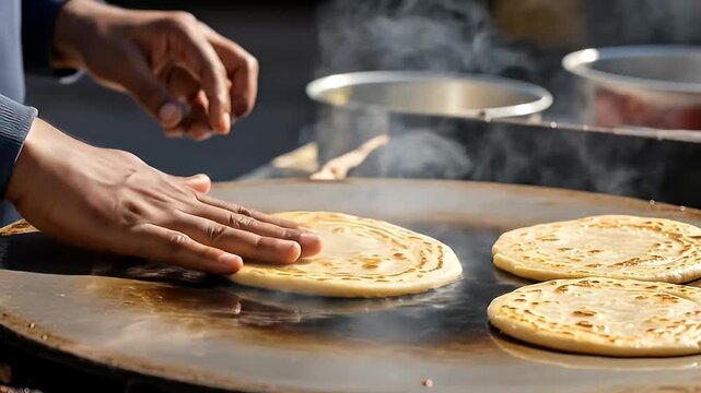 cinematic indian food asmr hands cooking paratha flatbread on hot griddle