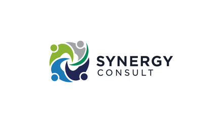 A logo design showing four stylized figures in a circular formation, representing synergy and collaboration, next to the text 