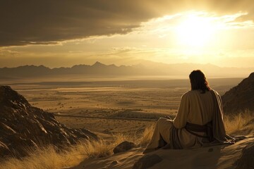 A serene depiction of Jesus reflecting on spirituality in a desert environment.