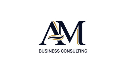 Logo design featuring the letters "AM" with a golden wave element, above the text "BUSINESS CONSULTING".